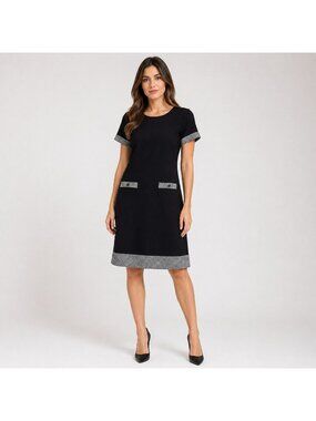 Connected Apparel Women Black Short Sleeve Knee Length Dress Size 8